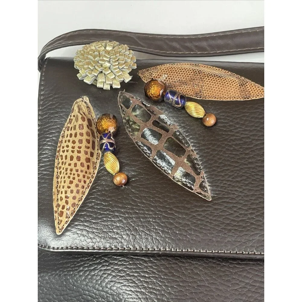 NWT Karam Genuine Leather Crossbody Purse Handbag Brown‎ Floral 3D Adjustable